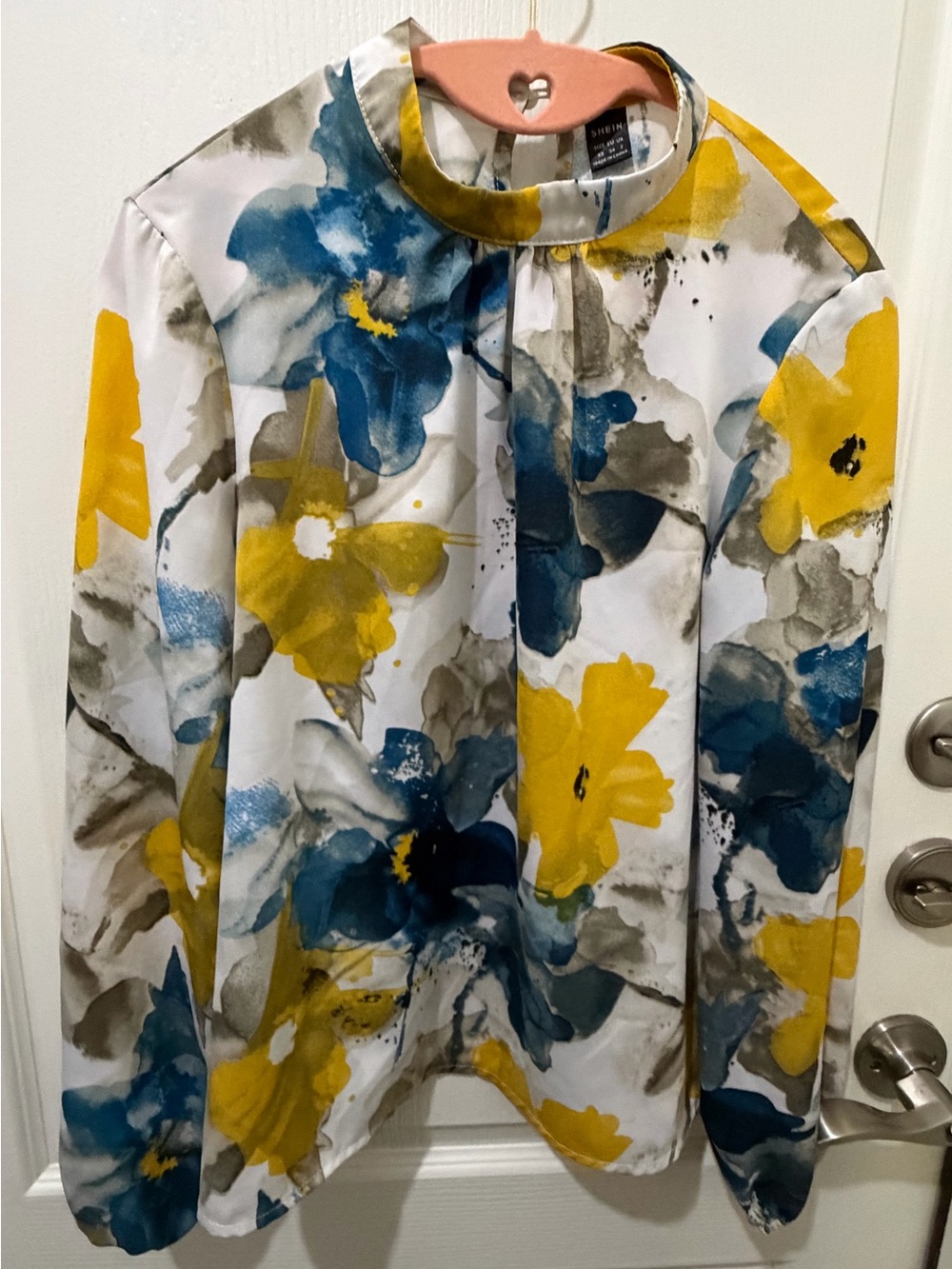 SHEIN White Blouse with Blue and Yellow Floral Watercolor Print